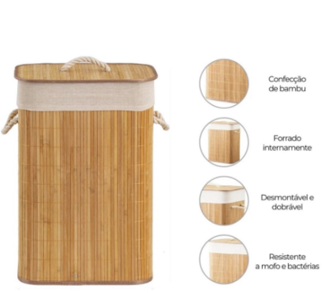 Cesto De Roupa Suja Em Bambu Com Tampa Banheiro E Lavanderia